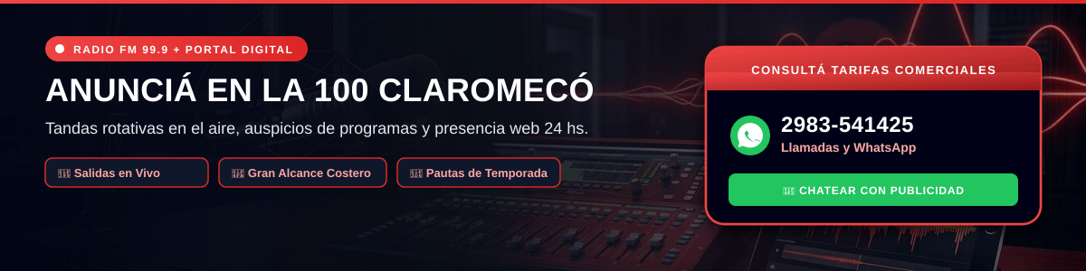 Anunciá en LA 100 Claromecó 99.9 MHz y Web - WhatsApp 2983-541425